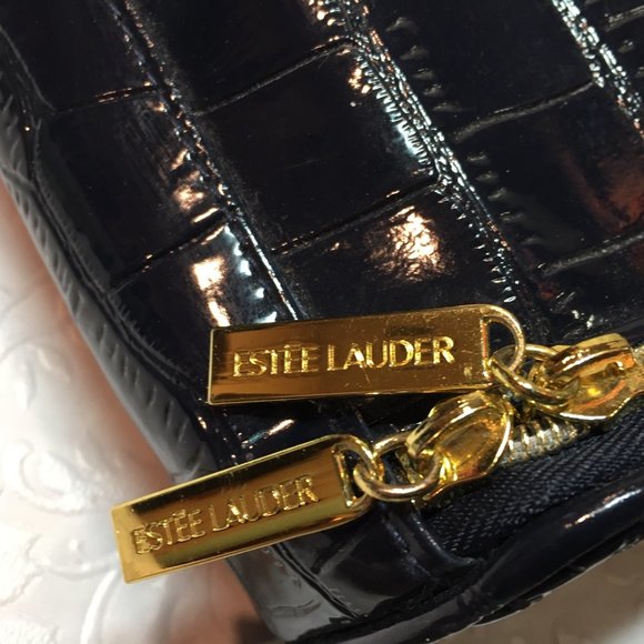 Estee Lauder Navy Blue Faux Crocodile Leather Cosmetic Zip Train Travel Case Bag - Picture 7 of 16
